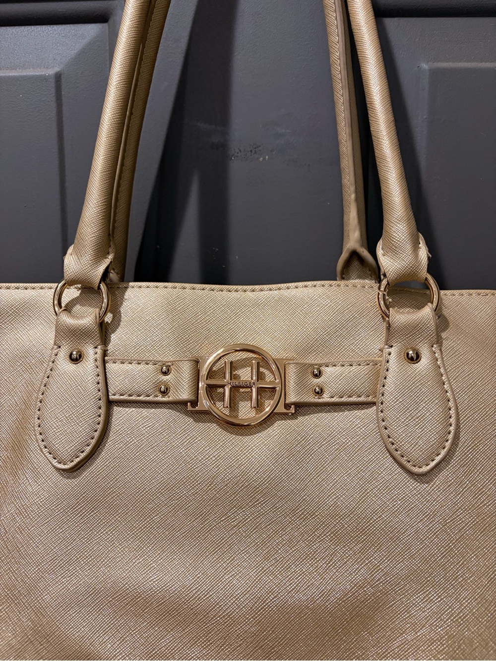 Tommy Hilfiger Metallic Gold Tote with Signature Round Logo